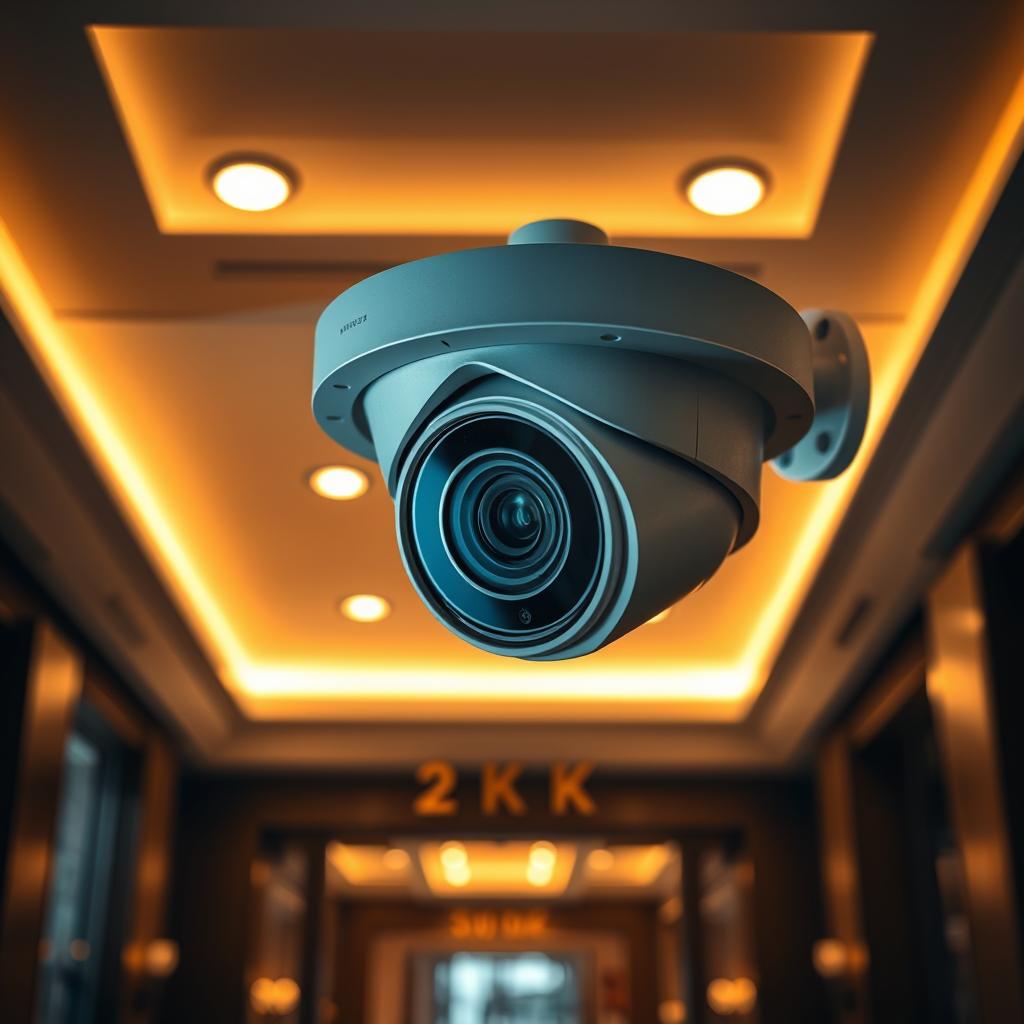 A high-resolution 2K video surveillance camera mounted on a sleek, modern housing. The camera lens is sharp and clear, capturing a wide, panoramic view of a dimly lit indoor space. Warm, ambient lighting from recessed ceiling fixtures casts a soft, even glow, revealing intricate architectural details and textures. The camera's advanced night vision capabilities allow it to capture crisp, detailed images even in low-light conditions. The overall scene conveys a sense of security, quality, and technological sophistication, perfectly suited for a video intercom system.