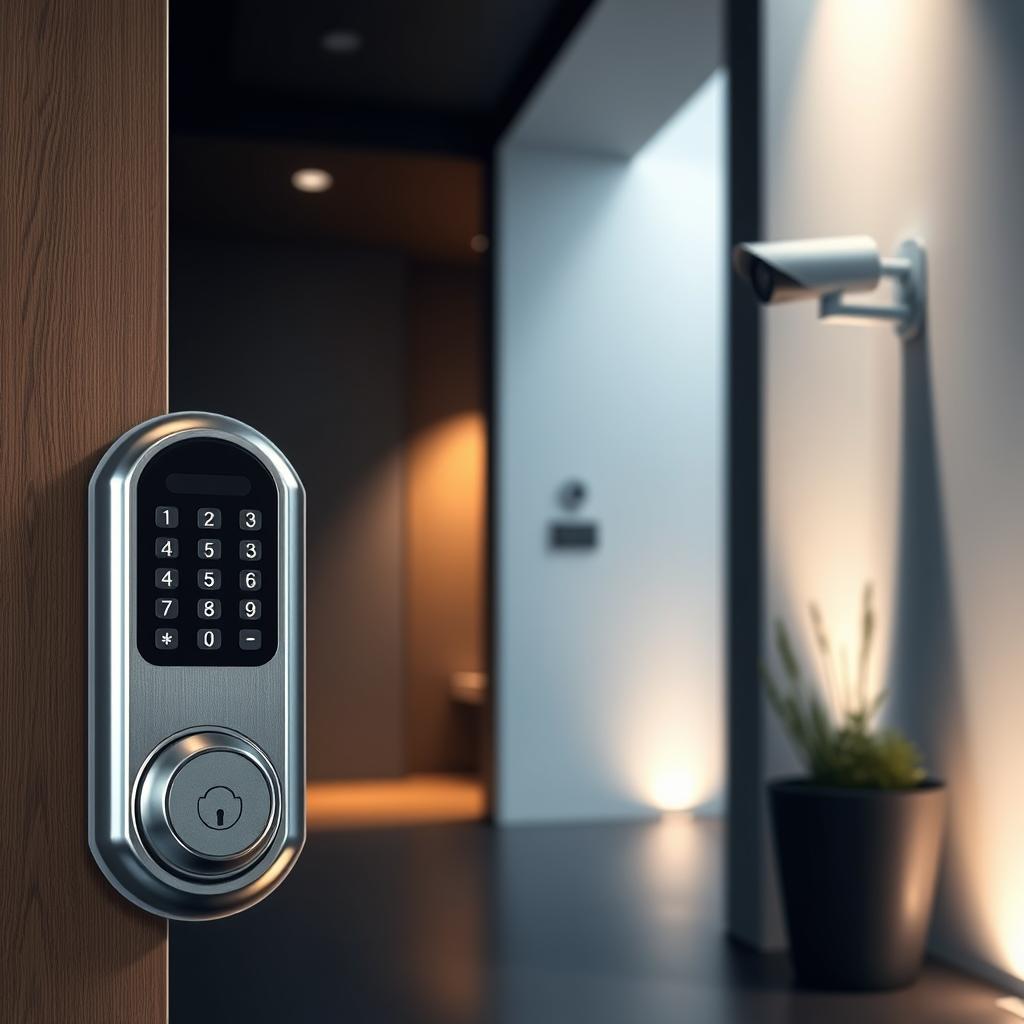 A high-security smart lock, cast in sleek metallic tones, sits prominently in the foreground. Its keypad and biometric scanner exude an air of technological sophistication, conveying a sense of robust protection. In the middle ground, a discreet security camera blends seamlessly into the modern architectural setting, its unobtrusive design belying its vigilant gaze. The background is a dimly lit, minimalist interior, with clean lines and muted colors that evoke a sense of privacy and exclusivity. Subtle lighting highlights the textures and materials, creating an atmosphere of controlled access and personal safety. A high-security smart lock, cast in sleek metallic tones, sits prominently in the foreground. Its keypad and biometric scanner exude an air of technological sophistication, conveying a sense of robust protection. In the middle ground, a discreet security camera blends seamlessly into the modern architectural setting, its unobtrusive design belying its vigilant gaze. The background is a dimly lit, minimalist interior, with clean lines and muted colors that evoke a sense of privacy and exclusivity. Subtle lighting highlights the textures and materials, creating an atmosphere of controlled access and personal safety.
