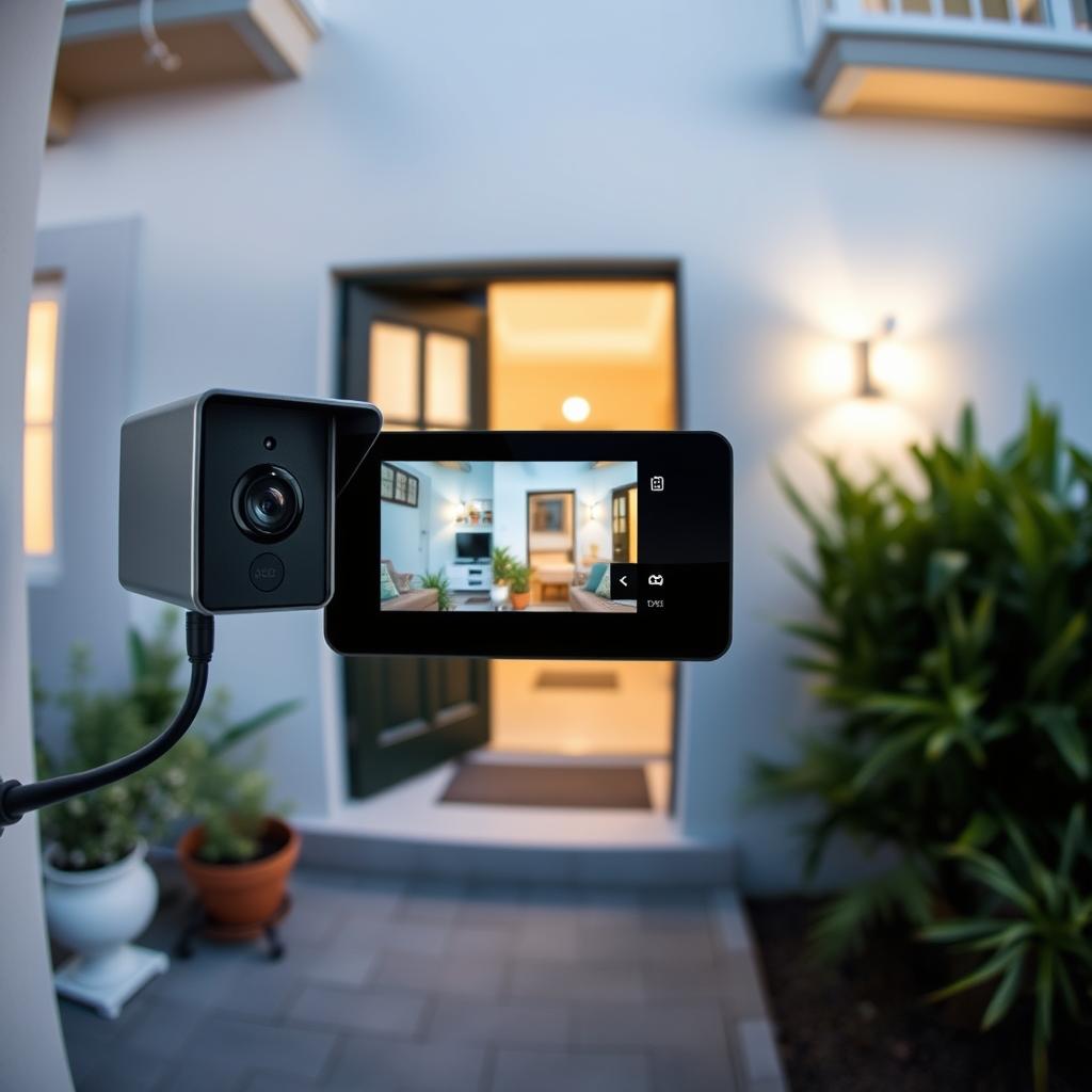 A modern, high-definition security camera capturing a live video feed of a well-lit holiday home. The camera is positioned discreetly near the entrance, providing a clear, panoramic view of the doorway and surrounding area. The image has a sharp, crisp quality, with natural lighting illuminating the scene and highlighting the sleek, compact design of the video intercom device. The atmosphere conveys a sense of security and convenience, perfectly suited for a vacation rental property.