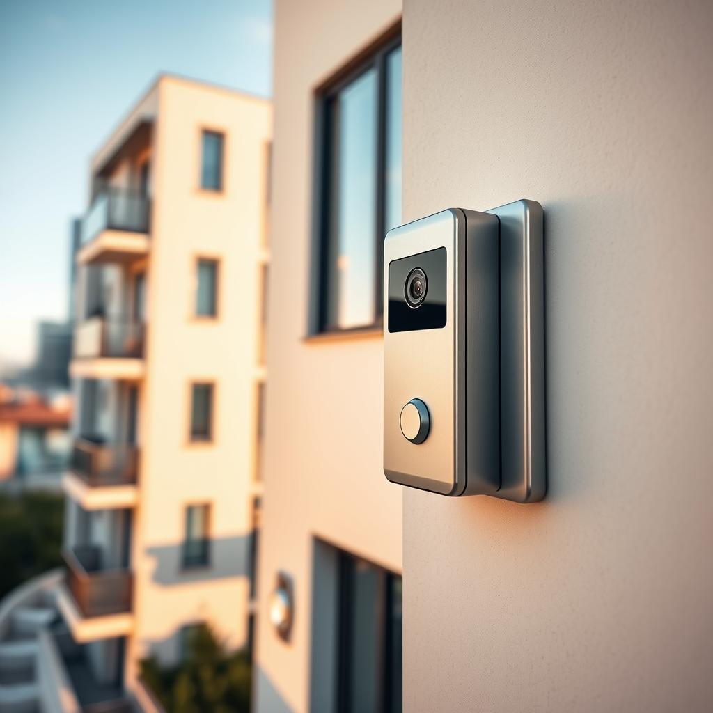 A modern, sleek video intercom system mounted on a minimalist apartment building façade. The device features a touch screen display, camera, and microphone in a smooth, brushed metal housing. The foreground shows the intercom panel in sharp focus, with clean lines and a minimalist aesthetic. The middle ground reveals the building's architectural details - clean, geometric shapes, and large windows. The background has a blurred city skyline, suggesting an urban setting. Warm, natural lighting illuminates the scene, creating a welcoming, contemporary atmosphere.
