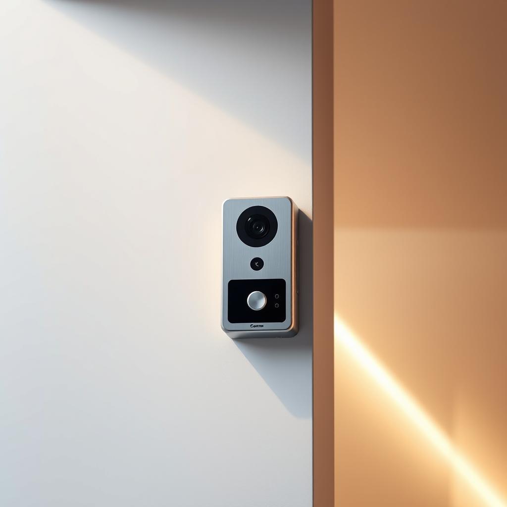 A modern, sleek video intercom system with a high-quality, bidirectional audio interface. The device is mounted on a clean, minimalist wall, illuminated by soft, even lighting that casts a subtle glow. The camera lens is centered, capturing a wide, unobstructed view of the entrance. The intercom features a simple, intuitive control panel with touch-sensitive buttons and a high-resolution display. The overall design is elegant, streamlined, and in keeping with contemporary architectural aesthetics, seamlessly integrating into the built environment.