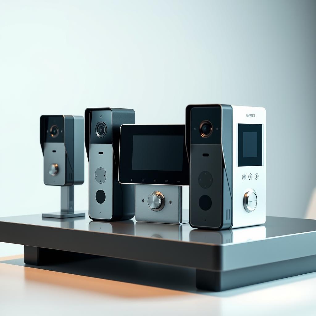 A side-by-side comparison of three state-of-the-art video intercom systems, captured in a well-lit studio setting. The products are arranged on a sleek, minimalist table, their metallic and glass surfaces gleaming under the soft, diffused lighting. The camera angles highlight the distinct design features and user interfaces of each device, allowing for a detailed visual analysis. The overall mood is one of professional, objective evaluation, inviting the viewer to closely examine and contrast the products' capabilities and aesthetics.