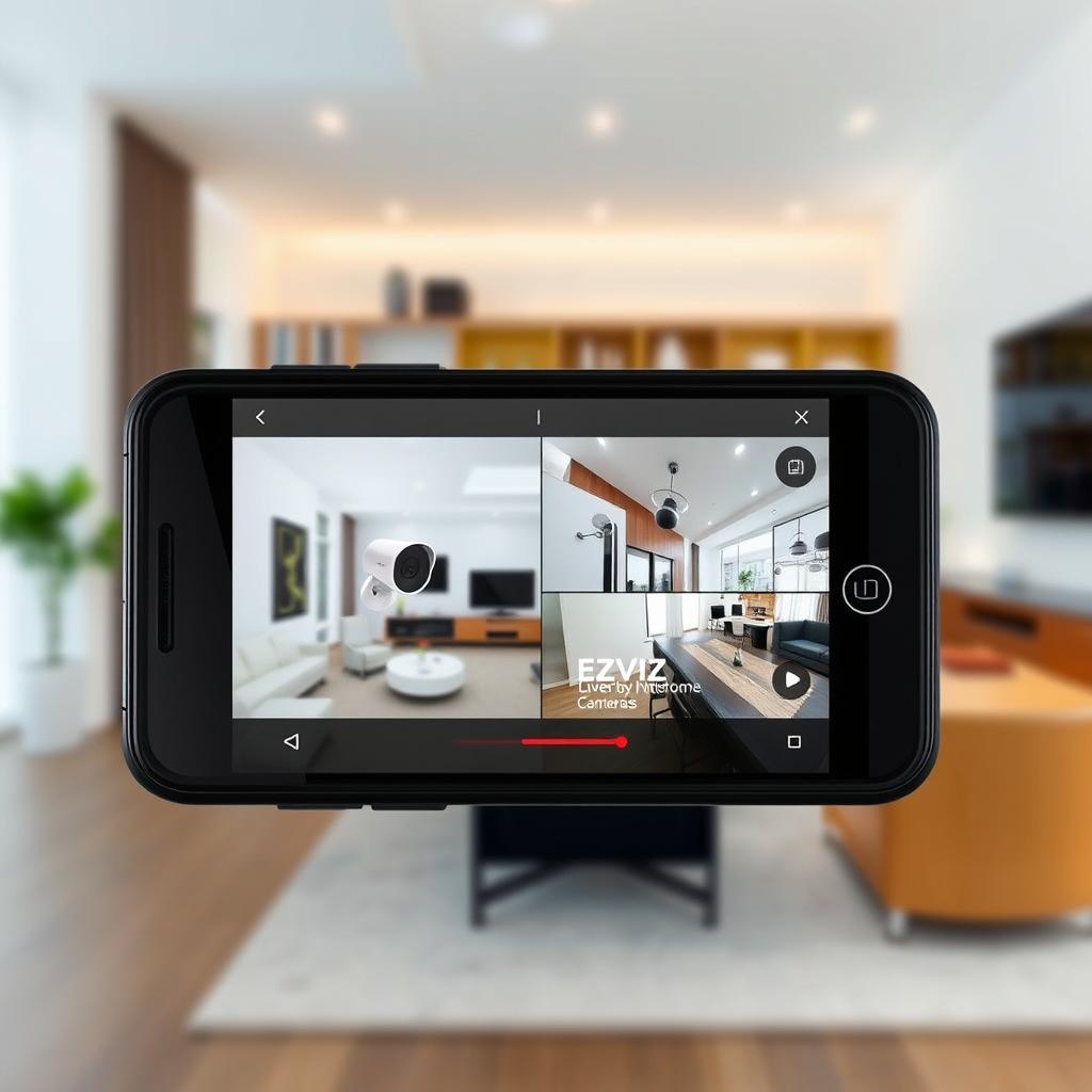 A sleek and modern mobile app interface for EZVIZ, a video surveillance and home security system. The app is displayed on a high-resolution smartphone screen, showcasing a clean and intuitive user interface. The foreground features the EZVIZ logo and application icons, with a minimalist design that emphasizes the app's functionality. The middle ground showcases live video feeds from EZVIZ cameras, displaying crystal-clear footage and smooth playback. The background depicts a modern smart home setting, with subtle hints of home automation and connectivity. The overall scene conveys a sense of control, security, and seamless integration, reflecting the app's capabilities for remote monitoring and smart home integration.