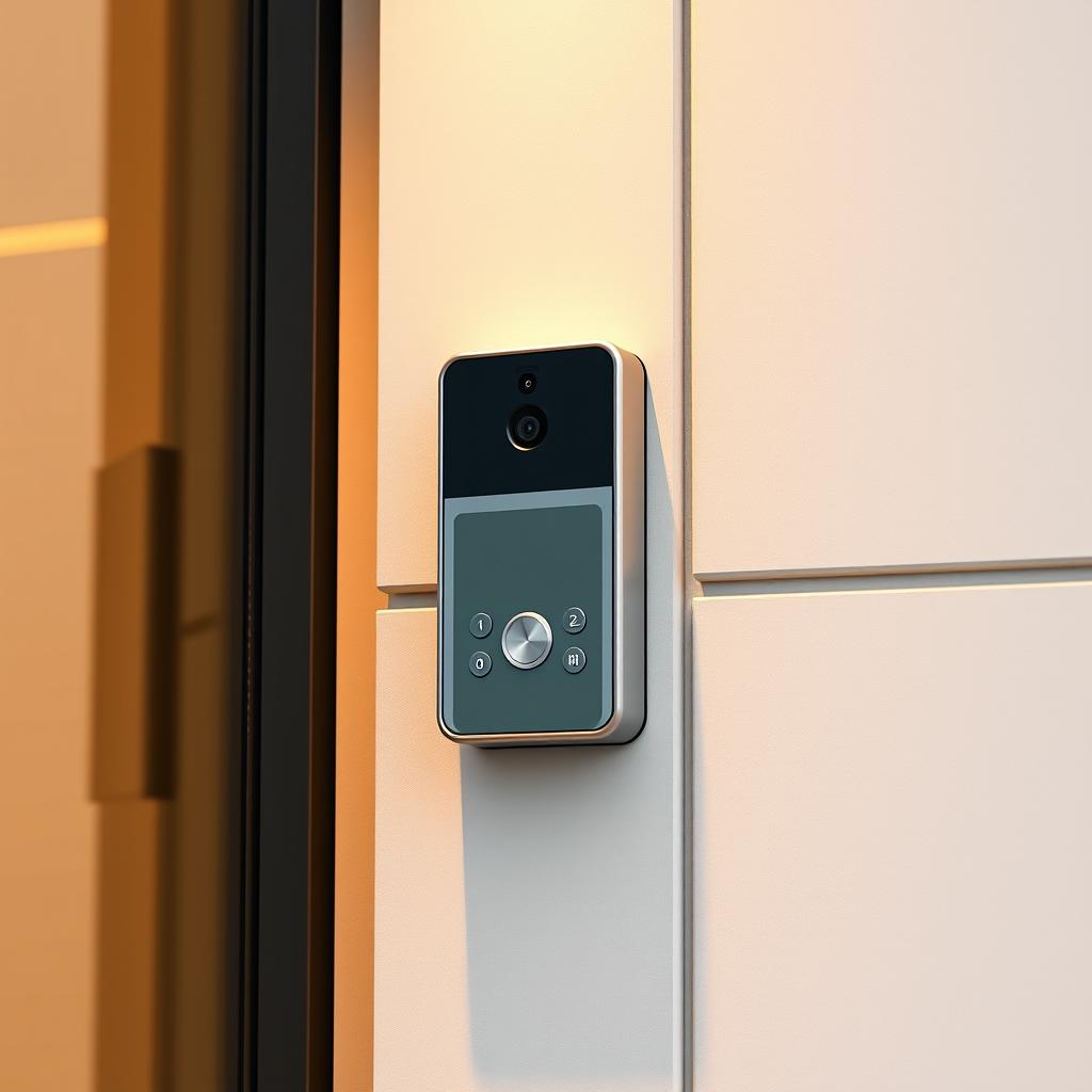 A sleek, contemporary video intercom system mounted on a modern, minimalist building facade. The intercom panel features a high-resolution display, touch-sensitive buttons, and a discreet camera lens. The lighting is warm and even, creating a welcoming atmosphere. The camera is positioned at an optimal angle to capture visitors' faces clearly. The intercom is surrounded by a clean, monochromatic background, allowing it to be the central focus of the image. The overall aesthetic conveys a sense of advanced technology and reliable security for a smart home or office setting. A sleek, contemporary video intercom system mounted on a modern, minimalist building facade. The intercom panel features a high-resolution display, touch-sensitive buttons, and a discreet camera lens. The lighting is warm and even, creating a welcoming atmosphere. The camera is positioned at an optimal angle to capture visitors' faces clearly. The intercom is surrounded by a clean, monochromatic background, allowing it to be the central focus of the image. The overall aesthetic conveys a sense of advanced technology and reliable security for a smart home or office setting.