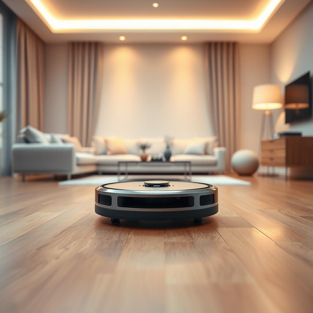 A sleek, modern robot vacuum cleaner glides effortlessly across a polished hardwood floor, its metallic body reflecting the warm, diffused lighting from overhead. The machine's compact design and streamlined profile suggest both efficiency and sophistication, perfectly suited for the premium home decor showcased in the middle ground. In the background, a minimalist living room scene unfolds, with neutral-toned furnishings and unobtrusive accents that create a sense of understated elegance. The overall composition conveys a harmonious balance between advanced technology and refined, contemporary style, capturing the essence of the "premium" robot vacuum market in Italy.