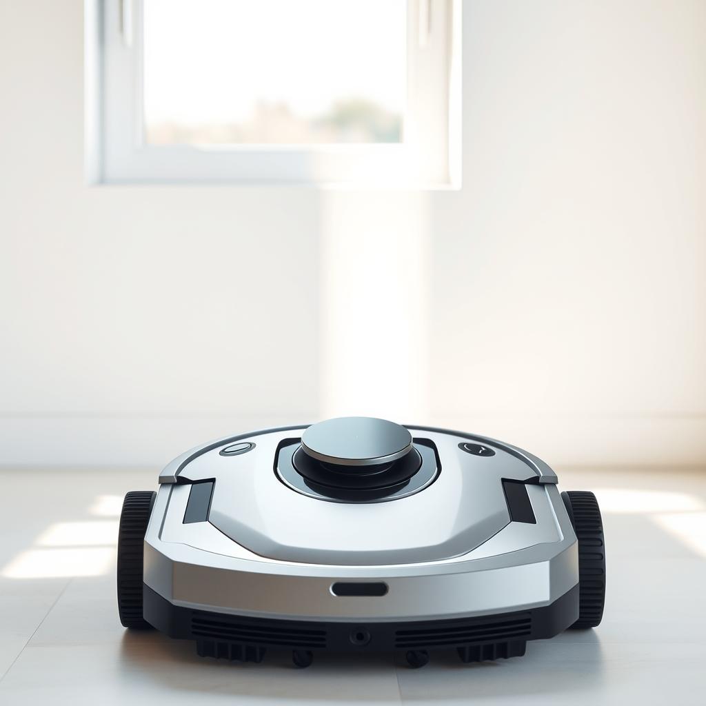 A sleek, modern robot vacuum cleaner stands prominently in the foreground, its angular chassis and brushless motor reflecting a high-powered suction capability. The device is presented against a clean, minimalist background, with gentle shadows and highlights accentuating its form. Backlighting from a window creates a sense of depth and emphasizes the robot's technical precision. The overall scene conveys a balance of efficiency, performance, and a premium aesthetic, reflecting the technical details and comparative nature of the article's subject matter.