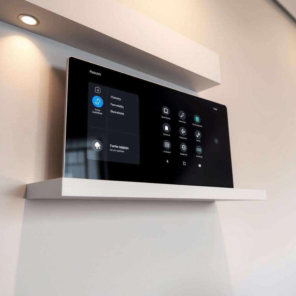 A sleek, modern smart home control panel, featuring a clean and intuitive touchscreen interface. The device is situated on a minimalist, floating shelf against a subtle, neutral-toned wall. Soft, diffused lighting from concealed fixtures casts a warm glow, highlighting the panel's crisp, high-resolution display. The interface showcases a range of advanced functionalities - climate control, lighting, security, and home automation - all accessible through simple, elegant gestures. The overall scene conveys a sense of technological sophistication and seamless integration, reflecting the "hidden costs, subscriptions, and network dependence" challenges faced by smart video intercom systems. A sleek, modern smart home control panel, featuring a clean and intuitive touchscreen interface. The device is situated on a minimalist, floating shelf against a subtle, neutral-toned wall. Soft, diffused lighting from concealed fixtures casts a warm glow, highlighting the panel's crisp, high-resolution display. The interface showcases a range of advanced functionalities - climate control, lighting, security, and home automation - all accessible through simple, elegant gestures. The overall scene conveys a sense of technological sophistication and seamless integration, reflecting the "hidden costs, subscriptions, and network dependence" challenges faced by smart video intercom systems.