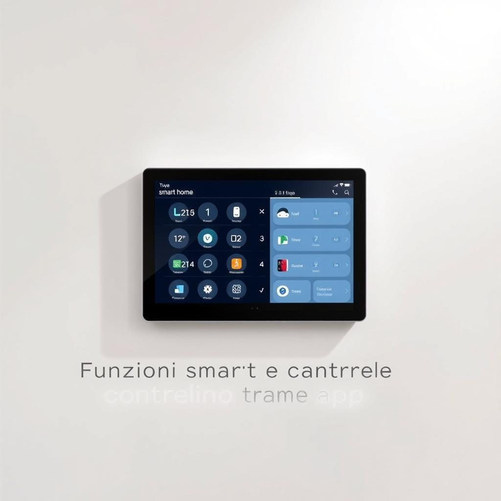 A sleek, modern smart home control panel, showcasing the Tuya smart home logo and interface. The panel is mounted on a minimalist white wall, with soft, diffused lighting illuminating the screen. The interface displays various smart home controls, including temperature, lighting, and security settings, all accessible through a user-friendly touchscreen. The overall scene conveys a sense of technological sophistication and seamless home automation, reflecting the "Funzioni smart e controllo tramite app" section of the article.
