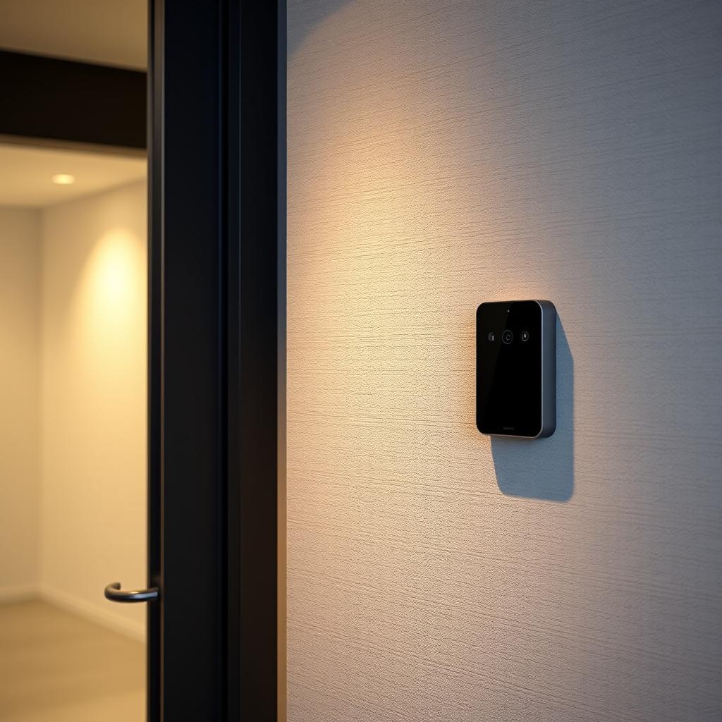 A sleek, modern smart home entrance with a high-tech video intercom system. The focus is on the video intercom panel mounted on the wall, its clean lines and minimalist design seamlessly integrated into the contemporary architecture. Soft, diffused lighting from above casts a warm, inviting glow, while the background features a neutral, textured wall surface that emphasizes the technological element. The overall impression is one of secure, effortless access control that complements the stylish aesthetic of a vacation home.
