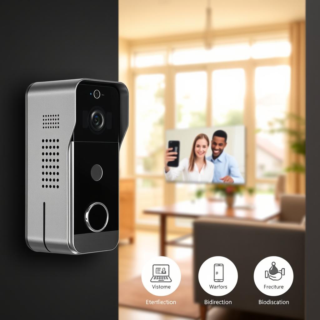 A sleek, modern video intercom system dominates the frame, its polished metal finish and clean lines conveying a sense of quality and reliability. The intercom's screen displays a high-definition video feed, showcasing the clear, bidirectional audio capabilities that enable seamless communication between the resident and visitor. The background features a warm, inviting home interior, with natural lighting streaming in through large windows, creating a welcoming atmosphere. The overall composition emphasizes the intercom's role as a vital, integrated component of a secure and comfortable domestic space.