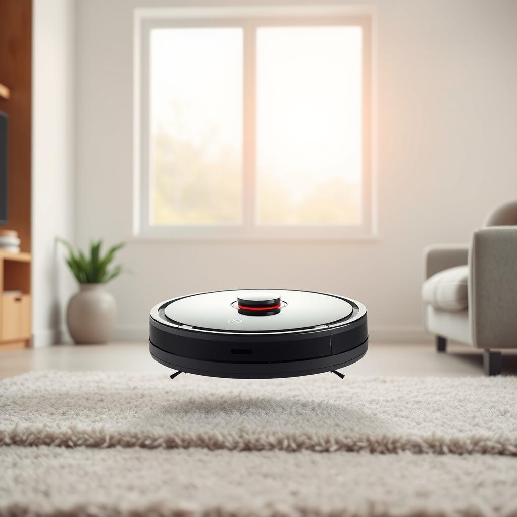 A stylish, affordable robotic vacuum cleaner standing prominently in a minimalist living room. The sleek, disc-shaped machine has a glossy black finish, with a subtle red accent strip that wraps around its perimeter. It hovers slightly above a plush, light-colored rug, its sensors scanning the room meticulously. Soft, diffused lighting from a large window bathes the scene in a warm, natural glow, highlighting the robot's modern, unobtrusive design. The room's sparse, contemporary furnishings create a serene, decluttered atmosphere, emphasizing the robot's efficiency and uncompromising quality despite its budget-friendly price point.