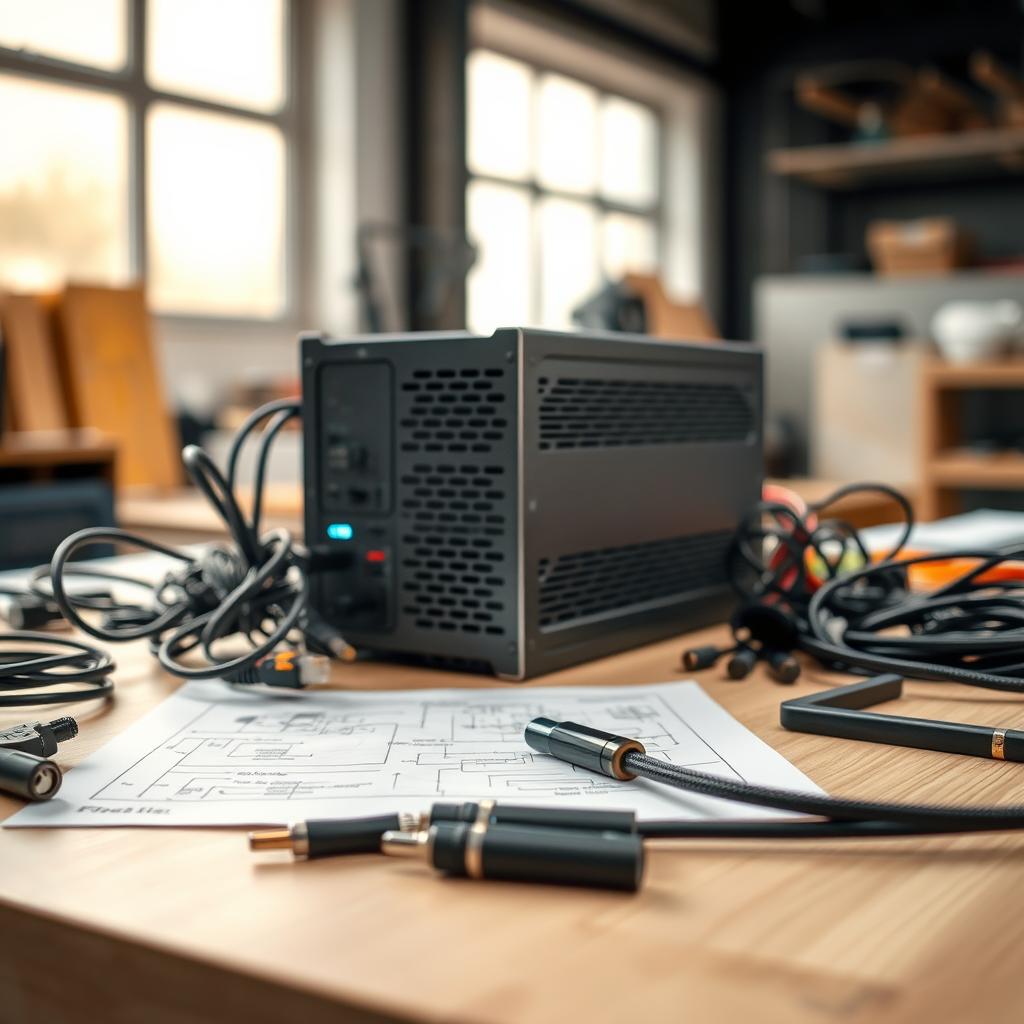 A well-lit indoor scene showcasing a power supply unit, its cables, and electrical components meticulously arranged on a clean, wooden workbench. The power unit is centered, with its sleek, modern design and LED indicators illuminating the foreground. Surrounding it are various electrical wiring, connectors, and tools necessary for proper installation and maintenance. The mid-ground features a set of technical diagrams or schematics, providing context and instructions for the installation process. The background is softly blurred, hinting at a larger workshop or electronics lab environment, conveying a sense of technical expertise and attention to detail.