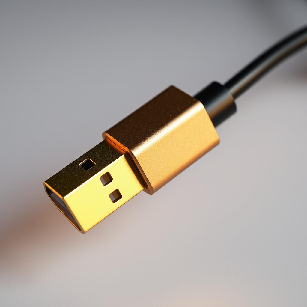 A close-up view of a USB cable, its gold-plated connector shining under warm studio lighting. The cable is neatly coiled, showcasing its flexible yet sturdy construction. The background is a neutral gray, allowing the USB cable to be the central focus. The image conveys a sense of order and attention to detail, reflecting the need to properly troubleshoot and resolve issues with wired connections in smart automotive devices.