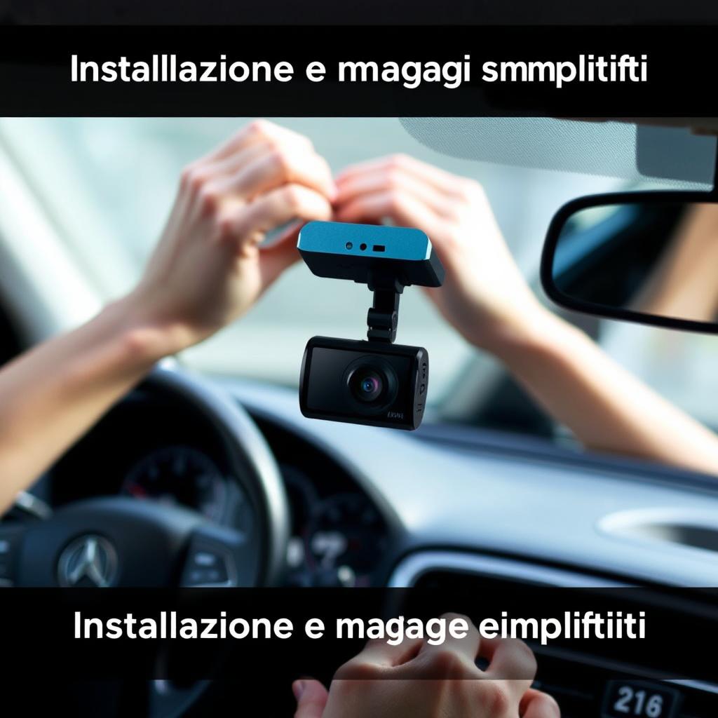 A close-up view of the windshield installation process for a car's dashboard camera. The foreground showcases the dash cam itself, its sleek design and discreet mounting, blending seamlessly with the vehicle's interior. The middle ground depicts the methodical attachment of the camera to the windshield, with hands precisely aligning and securing the device. The background features the interior of the car, with the steering wheel and dashboard visible, creating a sense of context and integration. The lighting is soft and natural, capturing the delicate details of the installation. The overall mood is one of simplicity, efficiency, and a focus on the straightforward setup process, reflecting the "Installazione e montaggio semplificati" section of the article.