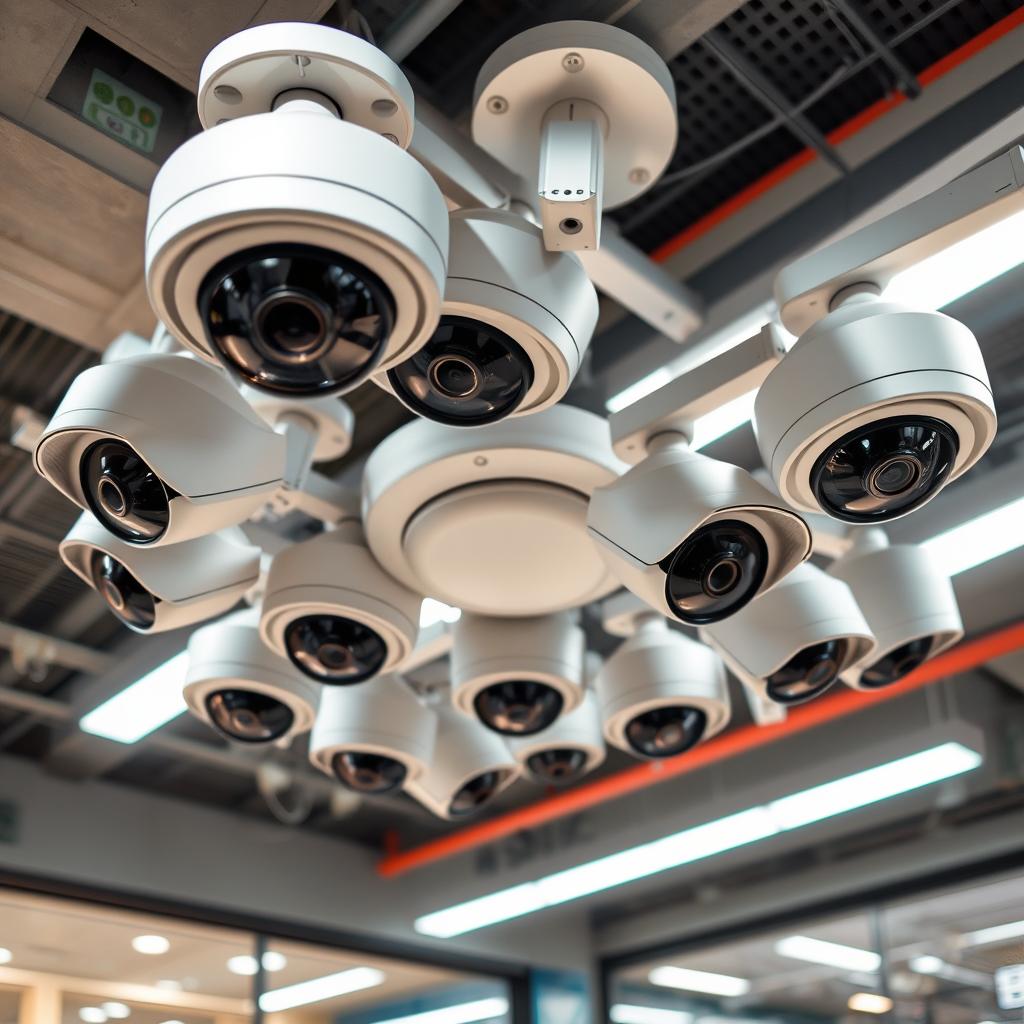 A comprehensive 360-degree surveillance system featuring a collection of sleek, discreet telecamere mounted at strategic angles to capture every detail within a commercial space. The telecamere are equipped with high-resolution lenses and advanced low-light sensors, bathed in a soft, even illumination that accentuates their modern, minimalist design. The camera angles seamlessly stitch together to provide a panoramic, immersive view, allowing for complete situational awareness and thorough monitoring of the designated area. This efficient, unobtrusive setup is the ideal solution for enhancing security and operational oversight in a professional environment.
