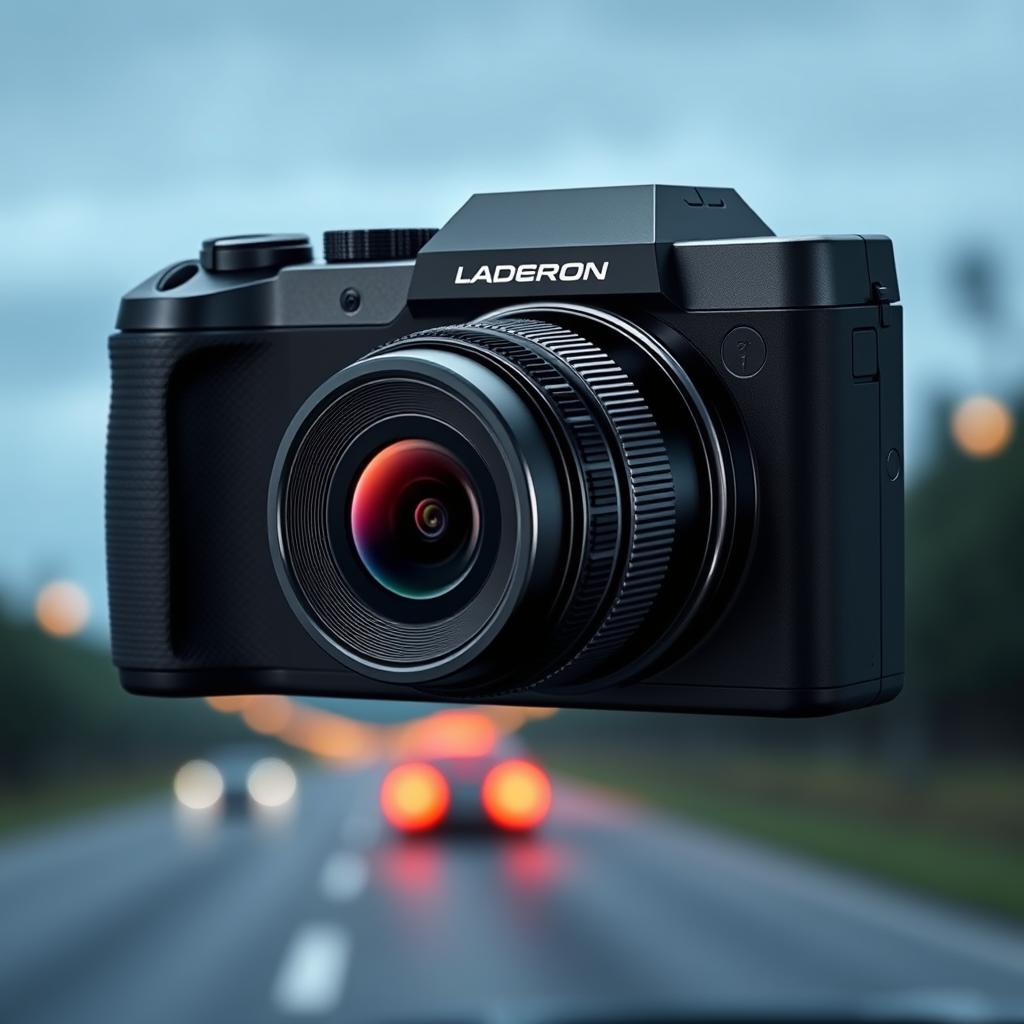 A high-quality digital camera with a sleek, modern design. The camera body is made of durable, lightweight materials, with a tactile grip for steady handheld use. The lens is large and prominent, featuring advanced optics for exceptional low-light performance and crisp, detailed imagery. The camera is angled slightly downward, capturing a comprehensive view of the road ahead. Soft, ambient lighting illuminates the camera, creating a sense of technical sophistication and precision engineering. The overall aesthetic conveys a fusion of cutting-edge technology and practical functionality, perfectly suited for a discreet, yet powerful in-vehicle camera system.
