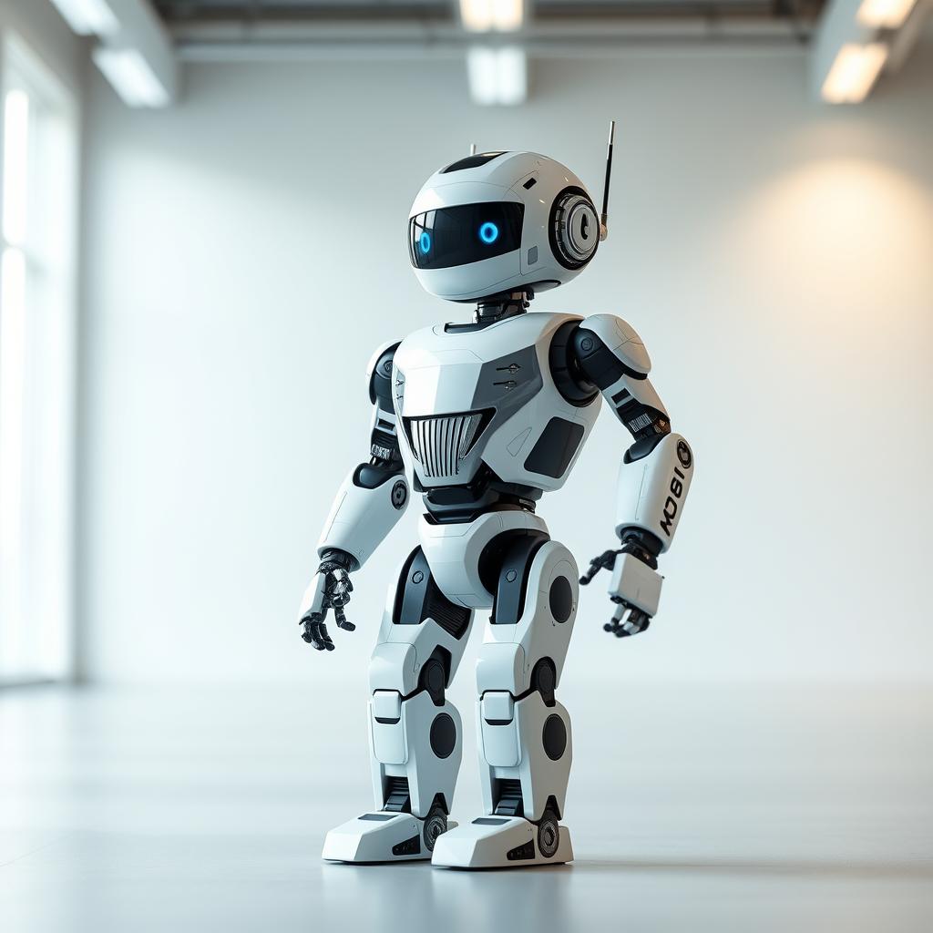 A high-tech robotic figure stands in a bright, airy workspace, its sleek, cordless design emphasizing mobility and untethered operation. Soft, diffused lighting from overhead illuminates the robot's clean, angular lines and glossy, metallic finish, casting gentle shadows that accentuate its mechanical precision. The background features a minimalist, contemporary setting with a neutral color palette, allowing the robot's wireless capabilities to take center stage. The overall composition conveys a sense of efficiency, flexibility, and the freedom to work seamlessly without the constraints of wired power sources. A high-tech robotic figure stands in a bright, airy workspace, its sleek, cordless design emphasizing mobility and untethered operation. Soft, diffused lighting from overhead illuminates the robot's clean, angular lines and glossy, metallic finish, casting gentle shadows that accentuate its mechanical precision. The background features a minimalist, contemporary setting with a neutral color palette, allowing the robot's wireless capabilities to take center stage. The overall composition conveys a sense of efficiency, flexibility, and the freedom to work seamlessly without the constraints of wired power sources.