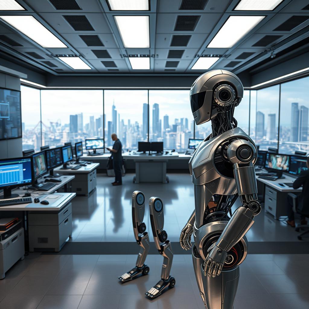 A high-tech robotic simulation laboratory, with a sleek and futuristic interior. In the foreground, a humanoid robot model stands poised, its metallic frame gleaming under crisp, directional lighting. Holographic displays and control panels surround the robot, allowing engineers to program and optimize its movements. In the middle ground, rows of workstations and analysis tools suggest a collaborative workspace, where technicians closely monitor the simulation. The background features a panoramic window, revealing a cityscape of towering skyscrapers and advanced infrastructure, creating a sense of a cutting-edge, high-tech environment. The overall mood is one of precision, innovation, and the future of automated robotics.