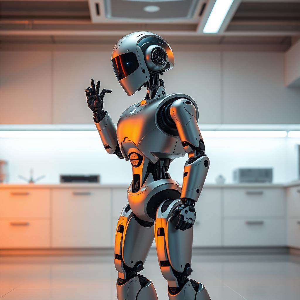 A highly detailed, photorealistic image of a robot with advanced programming functions, illuminated by warm, diffused lighting and captured from a mid-level angle. The robot stands in the foreground, its metallic exterior gleaming as it performs a complex sequence of automated movements. The background features a modern, minimalist laboratory setting with sleek, white surfaces and clean lines, conveying a sense of efficiency and technological progress. The overall atmosphere is one of precision, innovation, and the seamless integration of automation into everyday tasks.