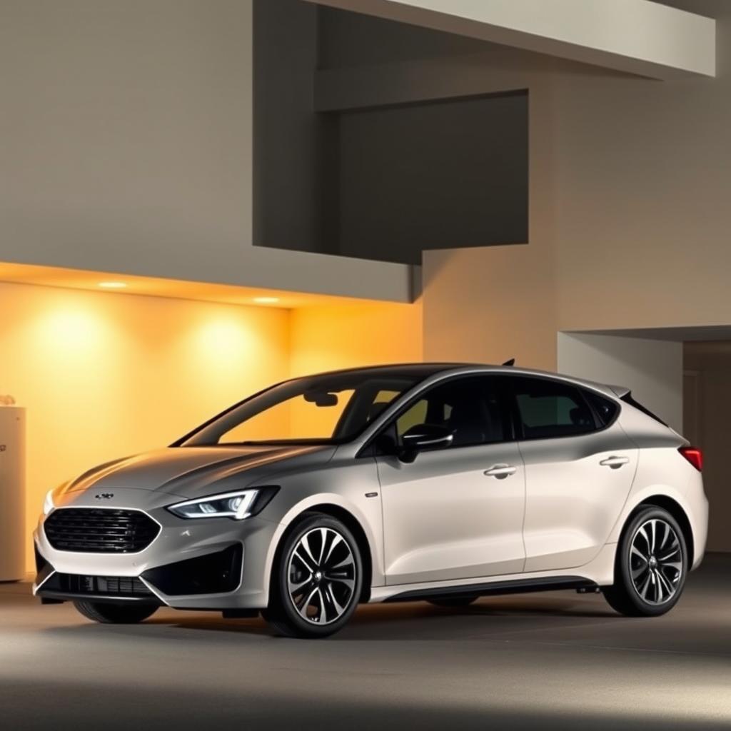 A modern, sleek automobile parked in a well-lit, minimalist garage setting. The car's dynamic silhouette is the focal point, accentuated by warm, directional lighting that casts subtle shadows, creating a sense of depth and dimension. The background features clean, geometric architectural elements in muted tones, complementing the car's streamlined design. The overall mood is one of sophistication, simplicity, and technical precision, reflecting the "Installazione: fai‑da‑te o professionista?" section of the article on intelligent audio systems for cars.