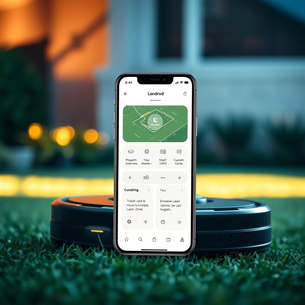 A modern, sleek mobile app interface showcasing the connectivity features of the Landroid robotic lawn mower. The app's UI dominates the foreground, displaying intuitive controls for programming automatic mowing schedules, monitoring mower status, and managing custom lawn zones. Soft, ambient lighting casts a warm glow over the minimalist design, creating a sense of advanced, user-friendly technology. In the background, a blurred rendering of the Landroid mower is visible, emphasizing the app's role in seamlessly integrating the device into the user's smart home ecosystem. The overall composition conveys the effortless convenience and intelligent automation of the Landroid system. A modern, sleek mobile app interface showcasing the connectivity features of the Landroid robotic lawn mower. The app's UI dominates the foreground, displaying intuitive controls for programming automatic mowing schedules, monitoring mower status, and managing custom lawn zones. Soft, ambient lighting casts a warm glow over the minimalist design, creating a sense of advanced, user-friendly technology. In the background, a blurred rendering of the Landroid mower is visible, emphasizing the app's role in seamlessly integrating the device into the user's smart home ecosystem. The overall composition conveys the effortless convenience and intelligent automation of the Landroid system.