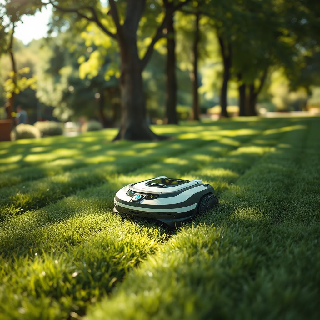 A robotic lawnmower carefully navigating a well-manicured lawn, its precision blades effortlessly slicing through the lush, verdant grass. The machine moves with swift, measured strides, leaving behind a neatly trimmed, uniform surface. Dappled sunlight filters through the canopy of trees, casting a warm, natural glow on the scene. The robot's sensors and software work in harmony, ensuring optimal cutting speed, edge control, and attention to detail. This is a testament to the advancements in autonomous lawn care, delivering efficient, consistent, and visually appealing results. A robotic lawnmower carefully navigating a well-manicured lawn, its precision blades effortlessly slicing through the lush, verdant grass. The machine moves with swift, measured strides, leaving behind a neatly trimmed, uniform surface. Dappled sunlight filters through the canopy of trees, casting a warm, natural glow on the scene. The robot's sensors and software work in harmony, ensuring optimal cutting speed, edge control, and attention to detail. This is a testament to the advancements in autonomous lawn care, delivering efficient, consistent, and visually appealing results.