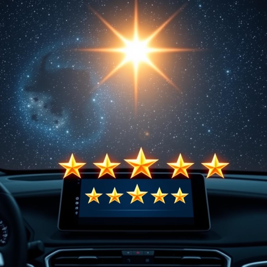 A shimmering starry night sky, with a large glowing star at the center, casting a warm, golden glow. In the foreground, a sleek, modern car dashboard, with a touchscreen display showing a rating system of five gleaming stars. The stars appear to be floating, as if suspended in the air, creating a sense of depth and dimensionality. The overall scene conveys a feeling of high-tech, futuristic elegance, perfectly suited to illustrate the section on evaluating reviews in the article about intelligent audio systems for cars.