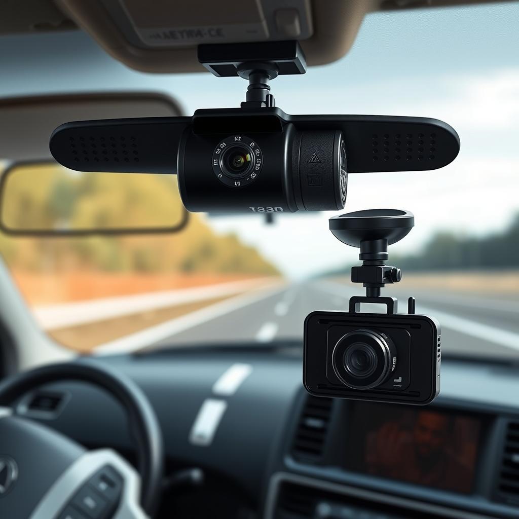 A sleek and modern dash cam system featuring multiple high-resolution cameras, including a forward-facing lens capturing the road ahead, and a rear-facing lens monitoring the interior of the vehicle. The cameras are mounted discretely yet strategically, offering a comprehensive view of the surroundings. Precision-engineered with a sturdy, low-profile housing, the system is designed for seamless integration into the vehicle's dashboard, blending form and function. Crisp, clear footage is captured in various lighting conditions, thanks to advanced image sensors and intelligent processing algorithms. The setup conveys a sense of security and professionalism, perfect for commercial transportation applications.