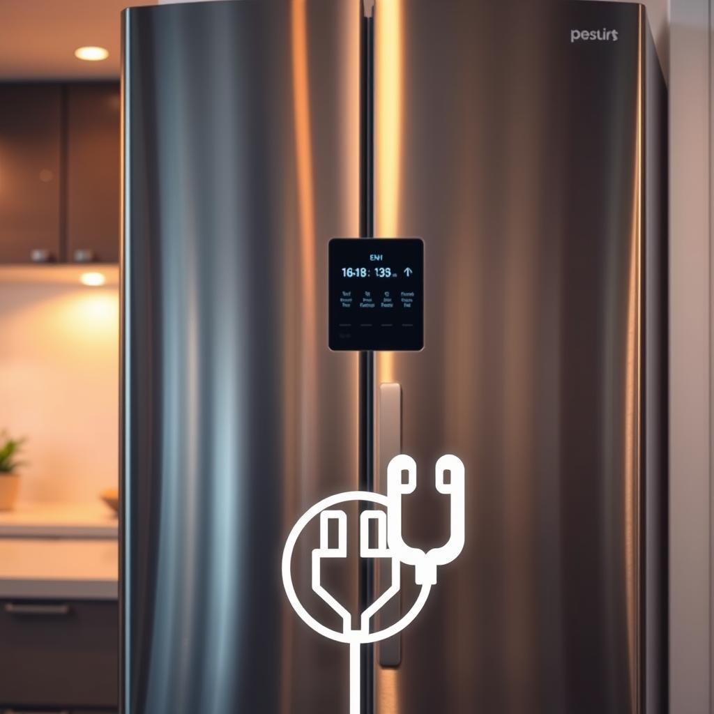 A sleek and modern refrigerator, its gleaming stainless steel surface reflecting the warm ambient lighting. The display panel at the center glows with touch-sensitive controls, showcasing the refrigerator's energy-efficient features. In the foreground, a stylized icon of an electrical plug symbolizes the appliance's efficient power consumption. The background fades into a softly blurred domestic scene, emphasizing the refrigerator's seamless integration into the contemporary home environment. Subtle shadows and highlights accentuate the clean, minimalist design, conveying a sense of technological sophistication and environmental responsibility.