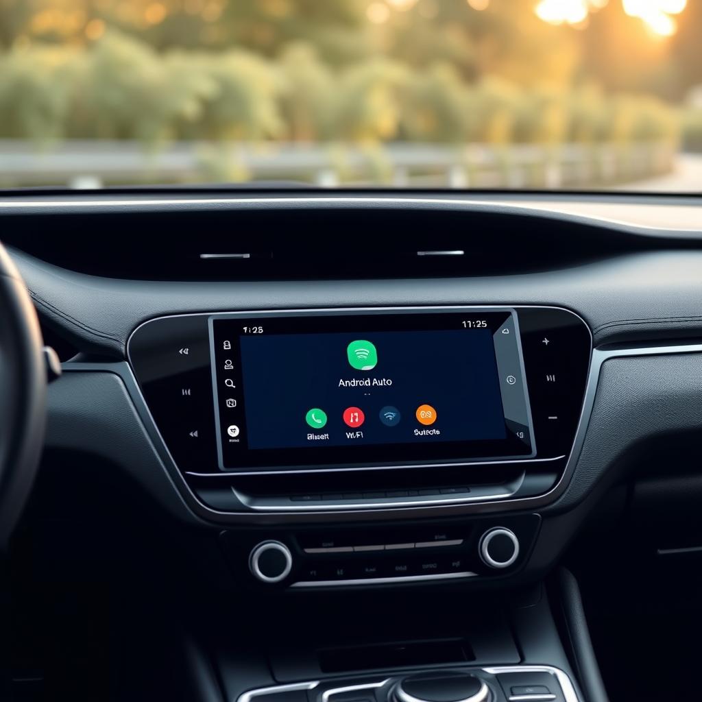 A sleek, minimalist dashboard showcasing the seamless integration of an Android Auto wireless interface. The display is prominently featured, its crisp, high-resolution graphics illuminated by soft, natural lighting that gently filters through the vehicle's interior. The Bluetooth and Wi-Fi connectivity indicators are clearly visible, conveying a sense of reliable, uninterrupted performance. The overall composition radiates a modern, tech-savvy aesthetic, reflecting the versatility and convenience of wireless connectivity in a smart automotive setting.