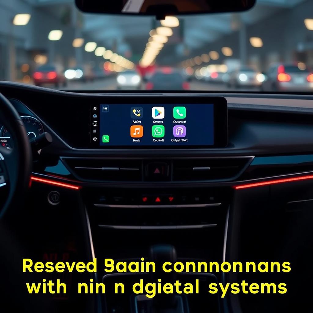 A sleek, modern Android Auto interface displayed on the dashboard of a luxury sedan. The app icons are crisp and vibrant, arranged in a clean, intuitive layout. The dashboard is illuminated by soft, warm lighting, creating a calming, distraction-free atmosphere. The camera angle is slightly elevated, capturing the display in the center of the frame, with the surrounding interior design elements blurred in the background, emphasizing the focus on the app interface. The image conveys the seamless integration of smart technology into the driving experience, reflecting the section's theme of resolving common issues with in-car digital systems.