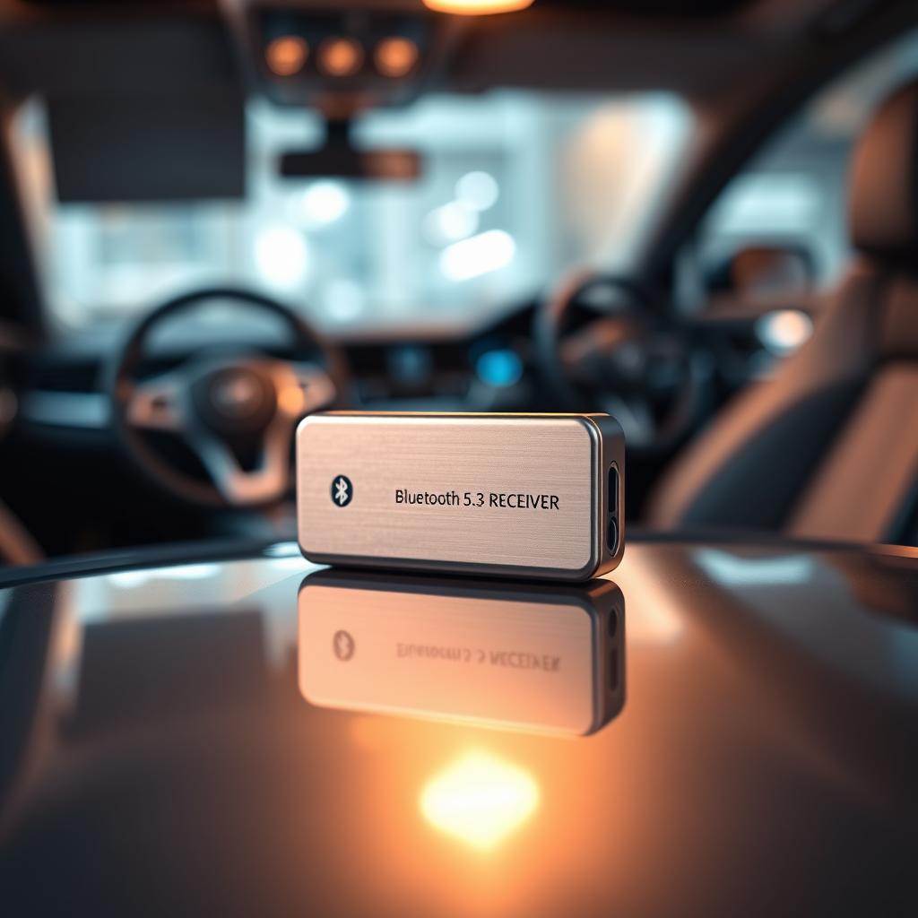 A sleek, modern Bluetooth 5.3 receiver sits atop a shiny, metal surface, casting a soft, ambient glow. The device's metallic body reflects the warm, directional lighting, highlighting its clean, minimalist design. In the background, a blurred, elegant automotive interior sets the scene, suggesting the device's intended use in a smart, connected car audio system. The composition emphasizes the receiver's technological sophistication and seamless integration, inviting the viewer to imagine its role in delivering high-quality, wireless audio to the driver and passengers.