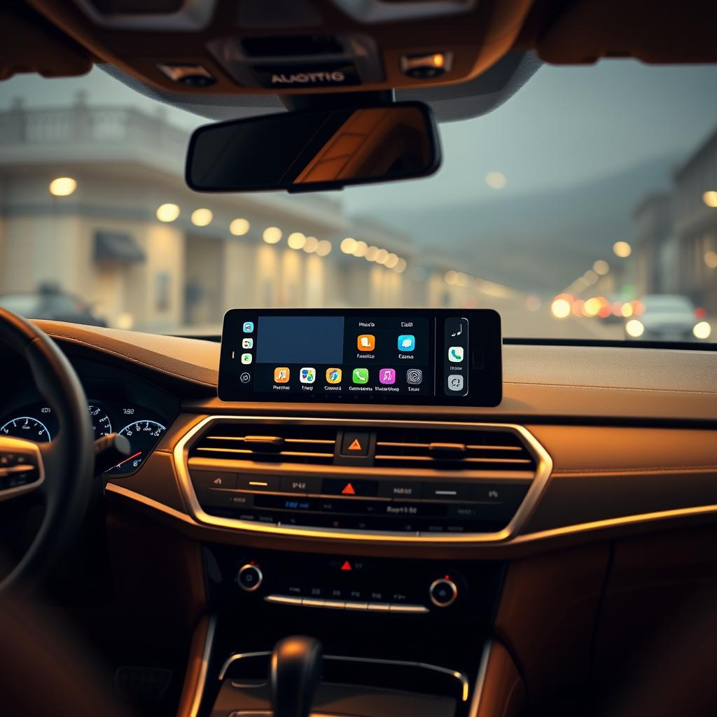 A sleek, modern android auto interface displayed on the dashboard of a high-end luxury car. The screen showcases a range of features including navigation, music controls, and connected device integration, all rendered in a crisp, minimalist design. The car's interior is bathed in a warm, ambient lighting, creating a cozy and sophisticated atmosphere. The camera angle captures the dashboard from a slightly elevated perspective, emphasizing the seamless integration of the android auto system into the vehicle's overall aesthetic. The image conveys a sense of advanced technology and convenience, hinting at the potential problems that can arise when integrating smart devices into the automotive environment.