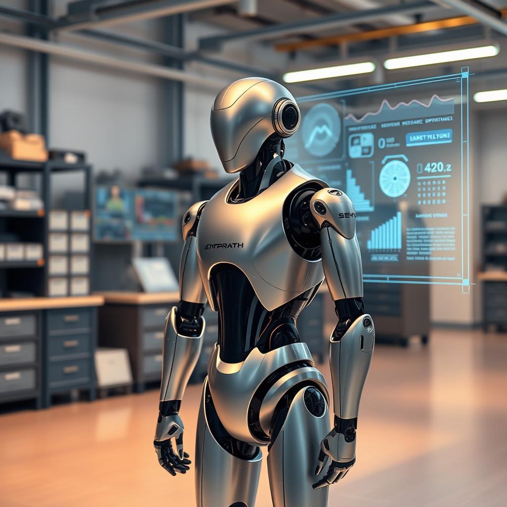 A sleek, modern robot standing in a bright, futuristic workshop. The robot's metallic body gleams under warm, directional lighting, highlighting the intricate details of its hardware. In the background, a holographic display shows data visualizations and software updates being seamlessly applied to the robot's systems. The robot's posture conveys a sense of readiness and adaptability, reflecting the "Robot con Aggiornamenti Software Automatici: efficienza che migliora nel tempo" theme. The overall atmosphere is one of technological advancement and efficiency, with a clean, minimalist aesthetic. A sleek, modern robot standing in a bright, futuristic workshop. The robot's metallic body gleams under warm, directional lighting, highlighting the intricate details of its hardware. In the background, a holographic display shows data visualizations and software updates being seamlessly applied to the robot's systems. The robot's posture conveys a sense of readiness and adaptability, reflecting the "Robot con Aggiornamenti Software Automatici: efficienza che migliora nel tempo" theme. The overall atmosphere is one of technological advancement and efficiency, with a clean, minimalist aesthetic.