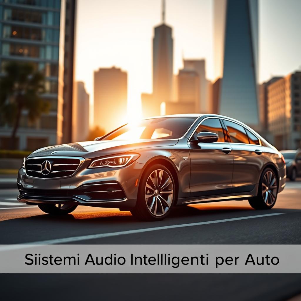 A sleek, modern sedan in a city street, bathed in warm, golden-hour sunlight. The car's chrome detailing gleams, and its aerodynamic lines suggest power and speed. The background is a blurred urban landscape, with towering skyscrapers and a clear blue sky. The overall mood is one of sophistication and technological advancement, reflecting the "Sistemi Audio Intelligenti per Auto" theme. The camera angle is slightly elevated, providing a commanding view of the vehicle and the surrounding environment.