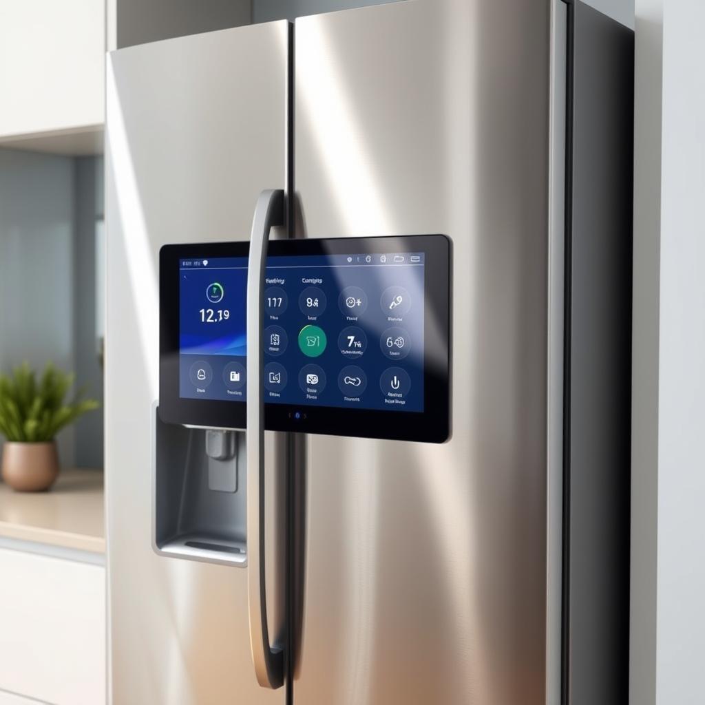A sleek, modern smart refrigerator display with a large, vibrant touch screen interface. The display is positioned prominently on the front panel, seamlessly integrated into the refrigerator's elegant stainless steel design. Soft, diffused lighting illuminates the display, creating a sophisticated, high-tech ambiance. The screen shows various smart features and controls, such as temperature settings, energy usage, and connectivity options. The display is angled slightly upward, making it easy to interact with while standing. The refrigerator is situated in a minimalist, well-lit kitchen, with clean lines and neutral tones that complement the display's modern aesthetic.