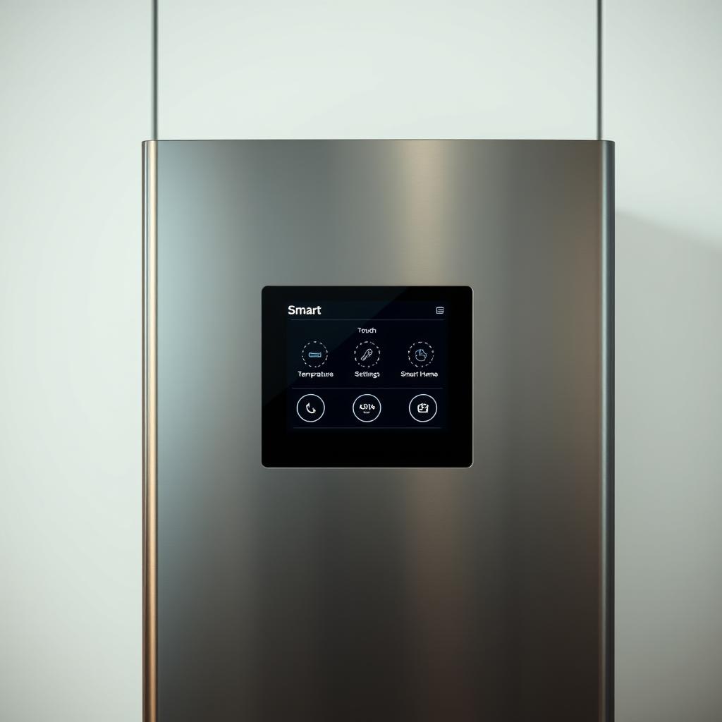 A sleek, modern touch display panel set against a clean, minimalist background. The display is the central focus, with a responsive and intuitive user interface showcasing touch controls for adjusting temperature, settings, and smart home connectivity. Soft, diffused lighting illuminates the display, creating a warm and inviting atmosphere. The overall design is streamlined and elegant, reflecting the "smart" and "touch" aspects of the refrigerator's control system. Camera angle is slightly angled to highlight the display's size and prominence within the composition.