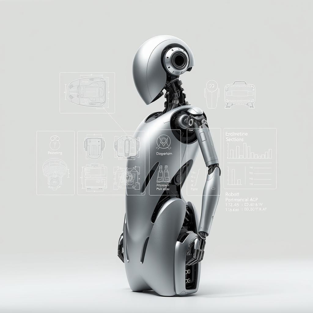 A technical diagram showcasing the essential specifications of a modern robot. In the foreground, a sleek, metallic robot body with clean, angular lines and a smooth, polished finish. The robot's internal components are partially exposed, revealing intricate circuitry, sensors, and actuators. In the middle ground, a series of technical schematics and engineering diagrams float alongside the robot, displaying detailed dimensions, performance metrics, and material specifications. The background is a soft, muted gradient, allowing the technical details to take center stage. Subtle lighting casts gentle shadows, emphasizing the robotic form and highlighting the precision of the engineering. An atmosphere of sophistication and technological innovation pervades the scene. A technical diagram showcasing the essential specifications of a modern robot. In the foreground, a sleek, metallic robot body with clean, angular lines and a smooth, polished finish. The robot's internal components are partially exposed, revealing intricate circuitry, sensors, and actuators. In the middle ground, a series of technical schematics and engineering diagrams float alongside the robot, displaying detailed dimensions, performance metrics, and material specifications. The background is a soft, muted gradient, allowing the technical details to take center stage. Subtle lighting casts gentle shadows, emphasizing the robotic form and highlighting the precision of the engineering. An atmosphere of sophistication and technological innovation pervades the scene.