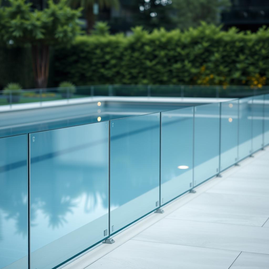 A tranquil pool area with a sleek and modern safety system. In the foreground, a seamless glass barrier surrounds the pool, its transparency allowing unobstructed views of the serene water. Strategically placed sensors and motion detectors line the perimeter, their discreet design blending harmoniously with the minimalist architecture. The mid-ground features a clean-lined deck, with subtle lighting fixtures casting a warm, inviting glow. In the background, a lush, verdant landscape provides a natural backdrop, enhancing the sense of safety and relaxation. The overall atmosphere conveys a balance of technological sophistication and natural elegance, creating a secure and serene environment for pool enjoyment. A tranquil pool area with a sleek and modern safety system. In the foreground, a seamless glass barrier surrounds the pool, its transparency allowing unobstructed views of the serene water. Strategically placed sensors and motion detectors line the perimeter, their discreet design blending harmoniously with the minimalist architecture. The mid-ground features a clean-lined deck, with subtle lighting fixtures casting a warm, inviting glow. In the background, a lush, verdant landscape provides a natural backdrop, enhancing the sense of safety and relaxation. The overall atmosphere conveys a balance of technological sophistication and natural elegance, creating a secure and serene environment for pool enjoyment.