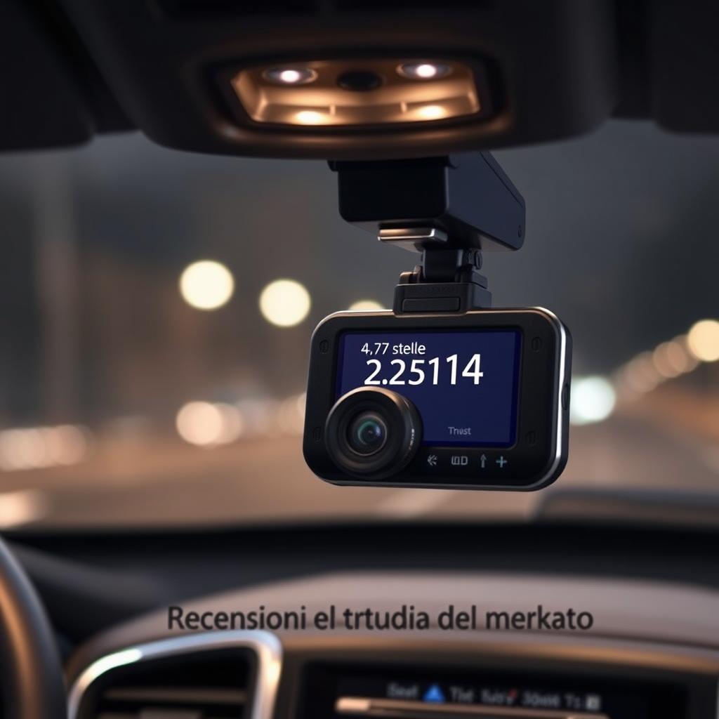 A well-lit, high-quality dashboard camera with advanced night vision capabilities. The device is prominently displayed, its sleek black casing and silver trim reflecting the soft lighting of the interior. The dashboard display shows the text "4,7 stelle 2.514", indicating a highly rated product with over 2,500 reviews. The scene conveys a sense of trust, reliability, and attention to detail, complementing the "Recensioni e fiducia del mercato" section title.