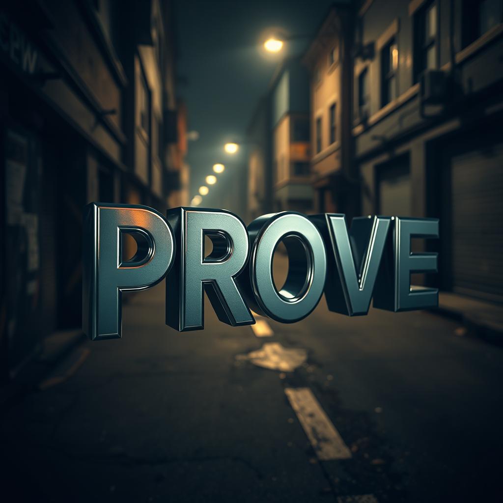 A wide-angle, high-resolution camera captures a closeup view of the word "PROVE" rendered in 3D with a metallic, silver-chrome finish. The text hovers against a dimly lit, gritty urban backdrop, with a sense of depth and perspective. Dramatic lighting casts strong shadows, creating a sense of depth and solidity to the letters. The overall mood is one of authority, reliability, and the weight of evidence, conveying the importance of video footage in resolving insurance claims and traffic incidents.